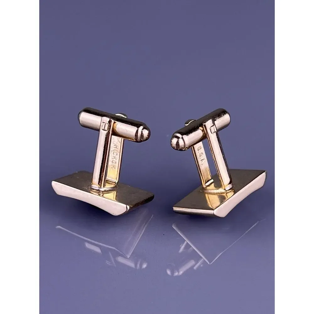 Green Glass Cabochon Cufflinks Gold & Silver Tone Simple Hickok Vintage